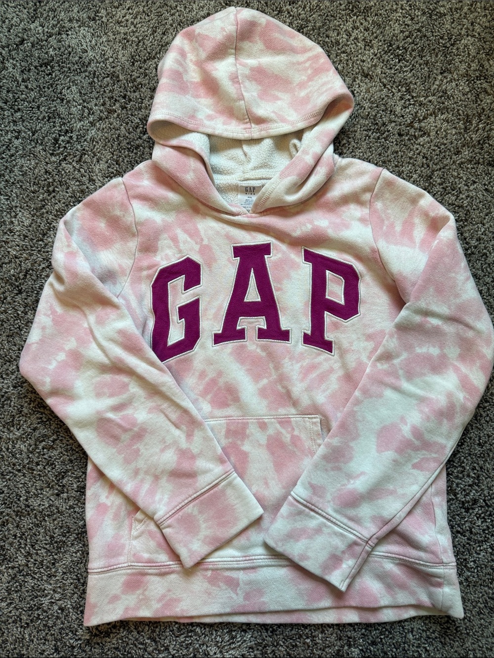 GAP Kids Pink and White Tie-Dye Hoodie with Purple Logo